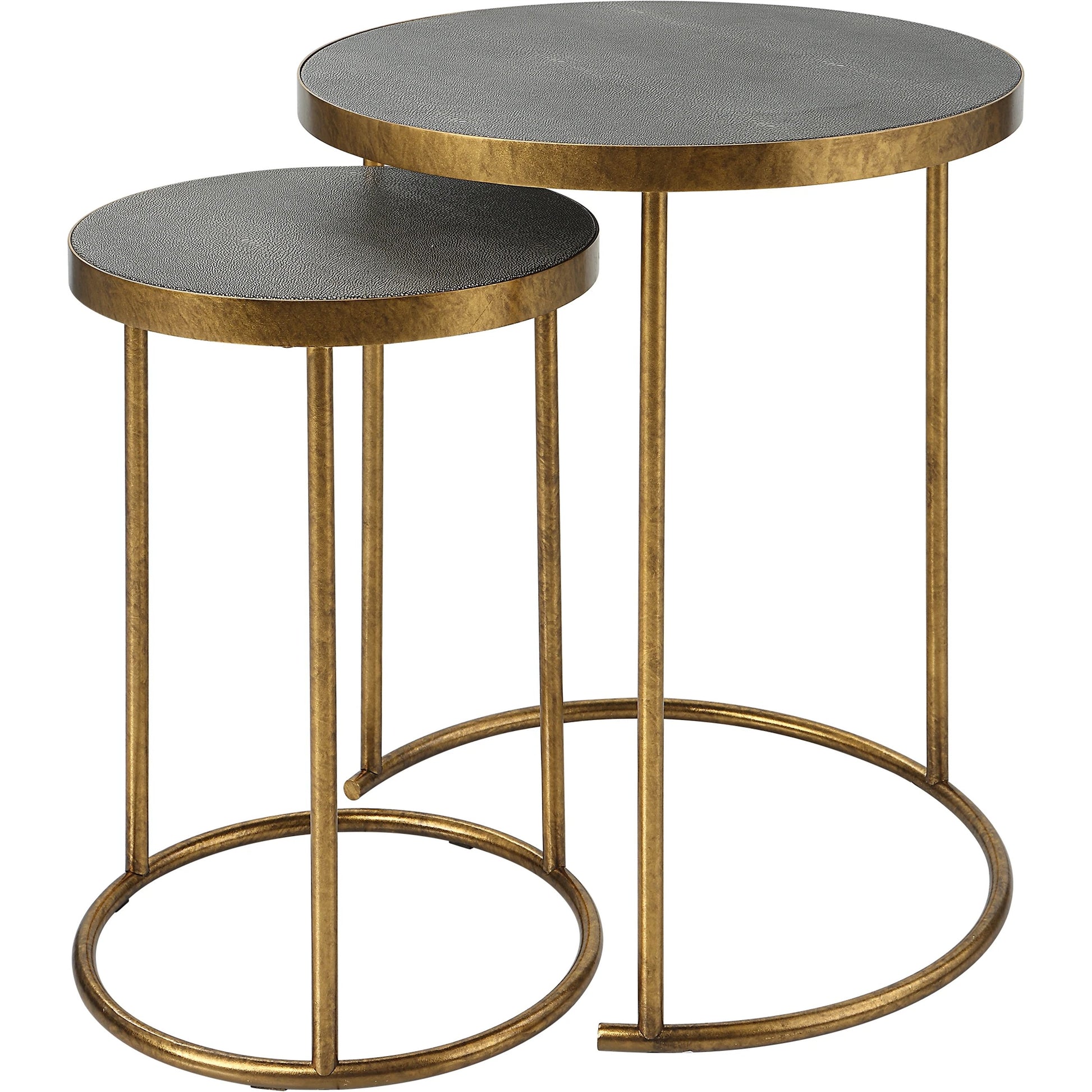 Aragon Nesting Tables by Uttermost in antique brass, gray shagreen. Made from metal, mdf, shargeen pu in a modern style.