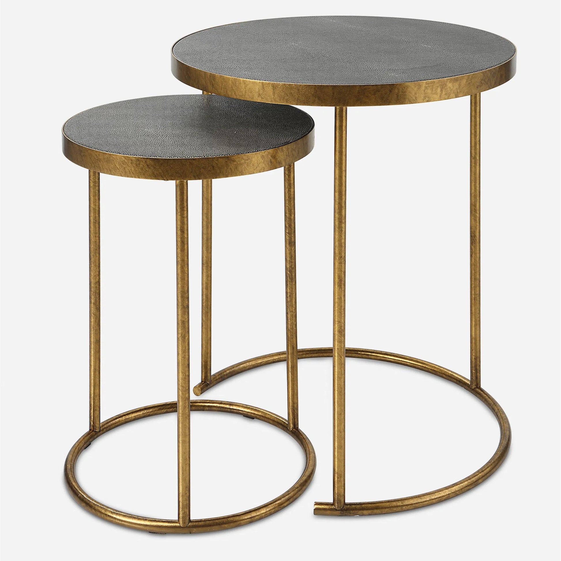 Aragon Nesting Tables by Uttermost in antique brass, gray shagreen. Made from metal, mdf, shargeen pu in a modern style.