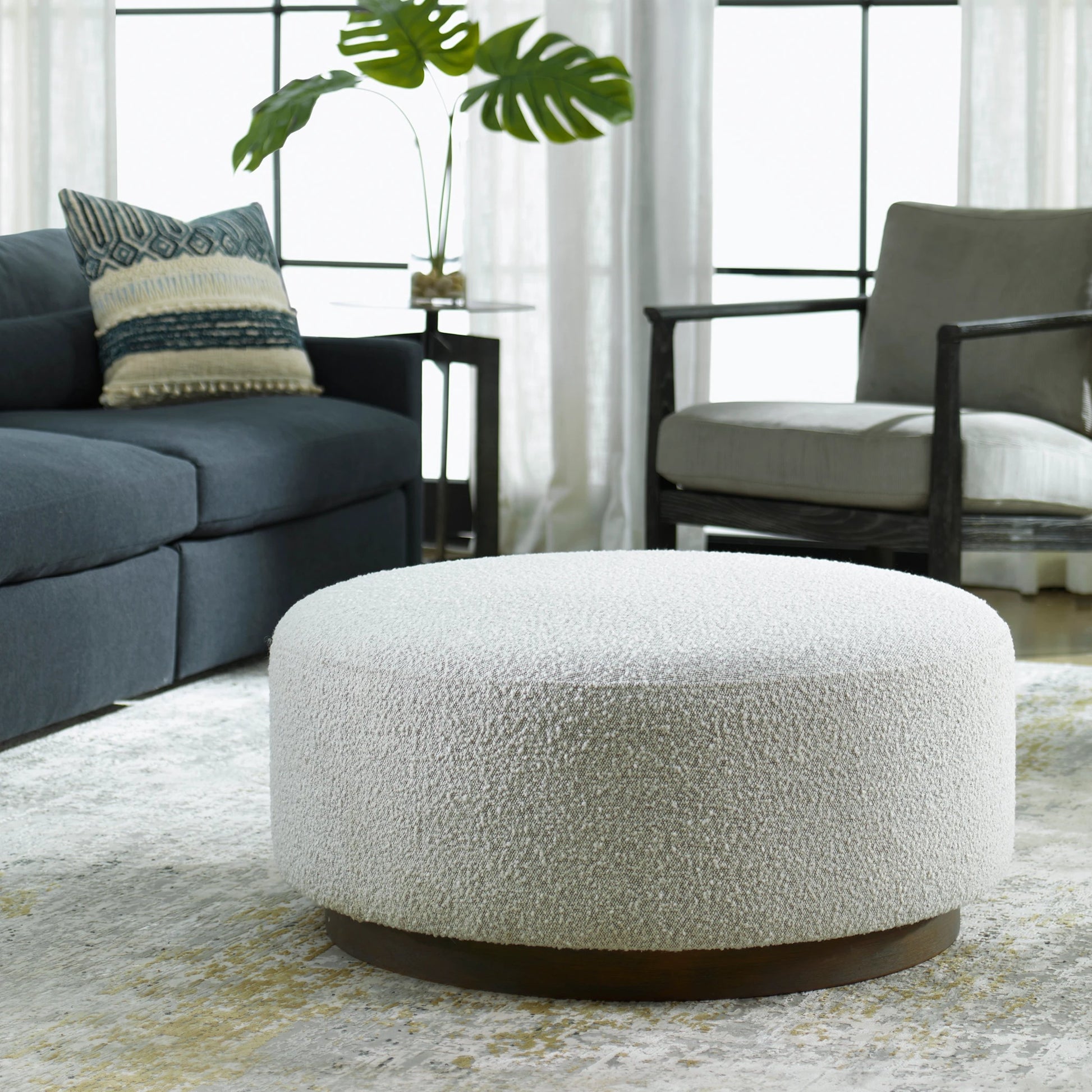 Avila Large Ottoman by Uttermost in ivory, gray and walnut. Made from plywood, foam, fabric in a modern style.