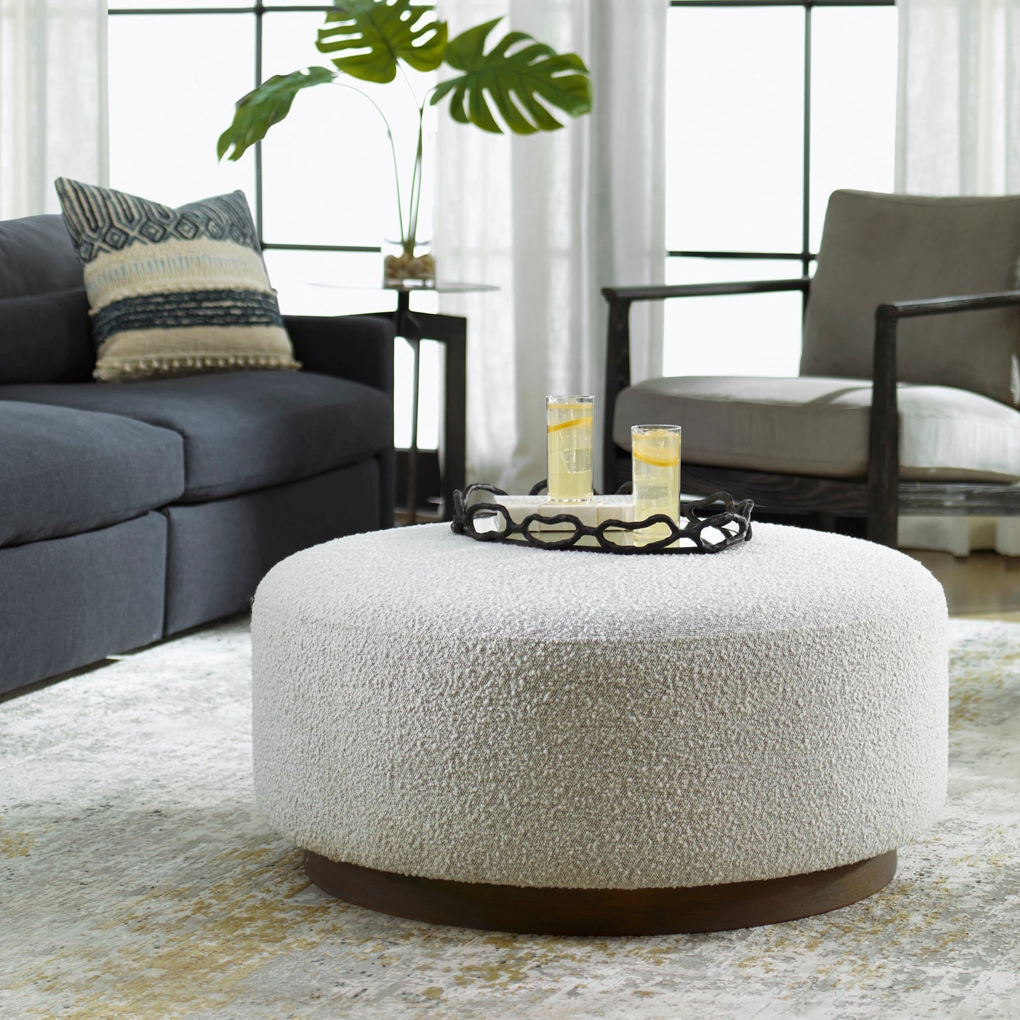 009 SI-1981315 | Primary Silo | Avila Large Ottoman by Uttermost in ivory, gray and walnut. Made from plywood, foam, fabric in a modern style.