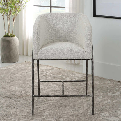 Jacobsen Counter Stool by Uttermost in ivory, warm gray and iron. Made from steel, foam, fabric, eucalyptus in a modern style.