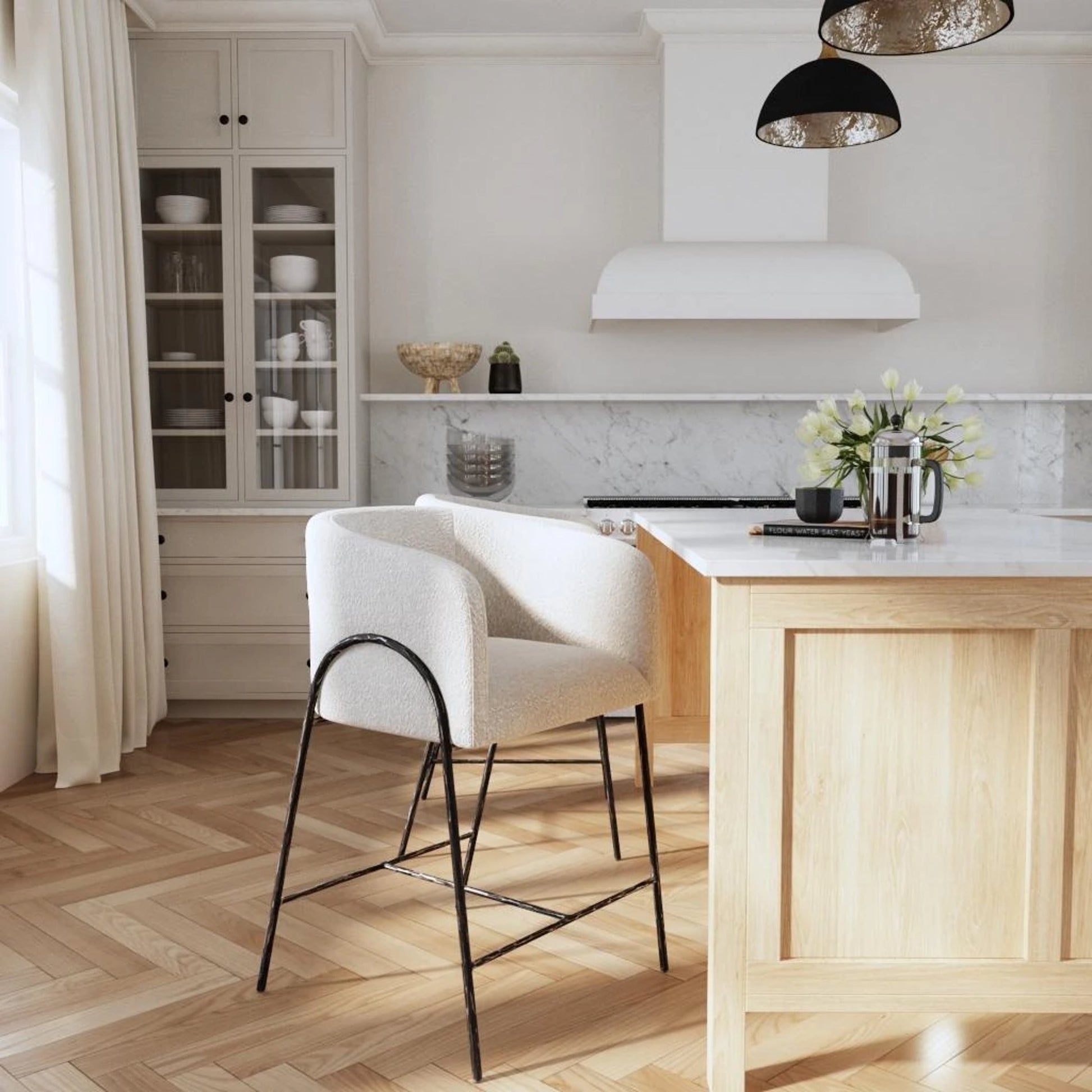 Jacobsen Counter Stool by Uttermost in ivory, warm gray and iron. Made from steel, foam, fabric, eucalyptus in a modern style.