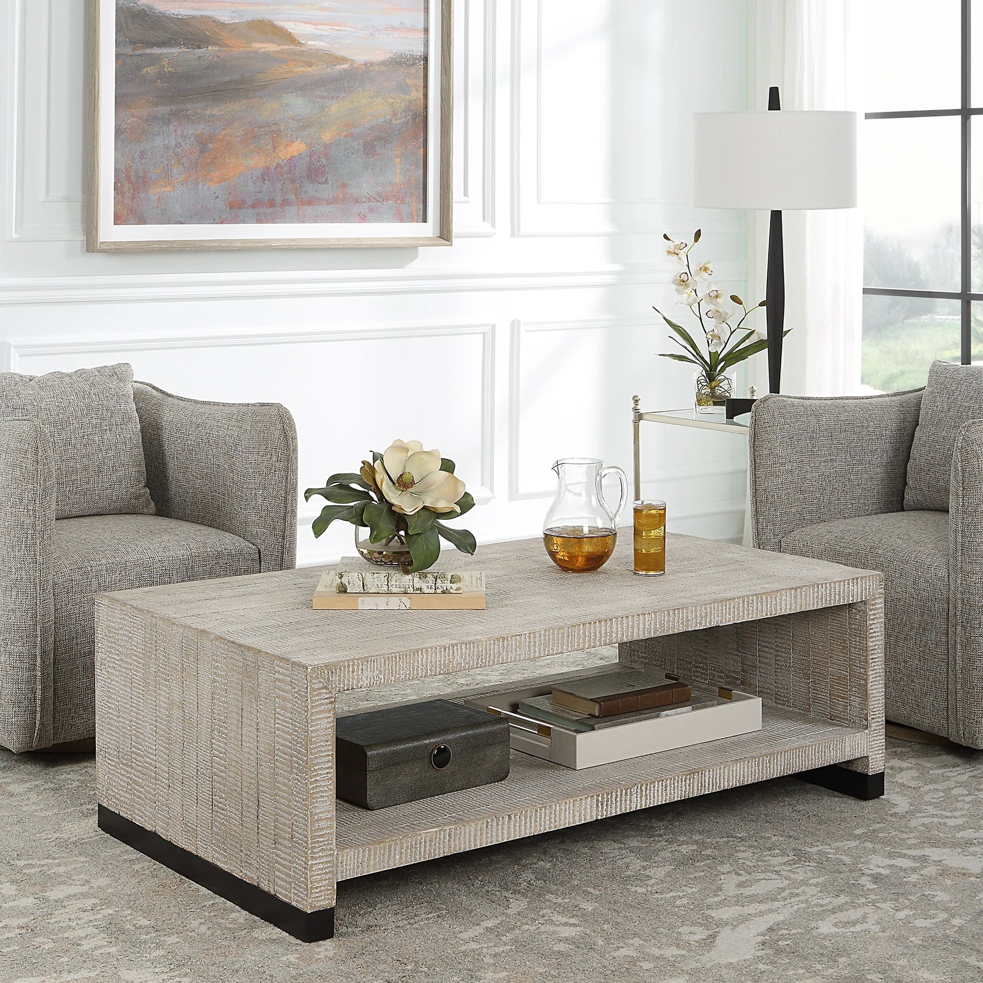 Bosk Coffee Table by Uttermost in whitewash natural. Made from pine, fir, mdf, steel in a modern style.