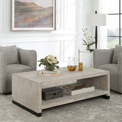 Bosk Coffee Table by Uttermost in whitewash natural. Made from pine, fir, mdf, steel in a modern style.