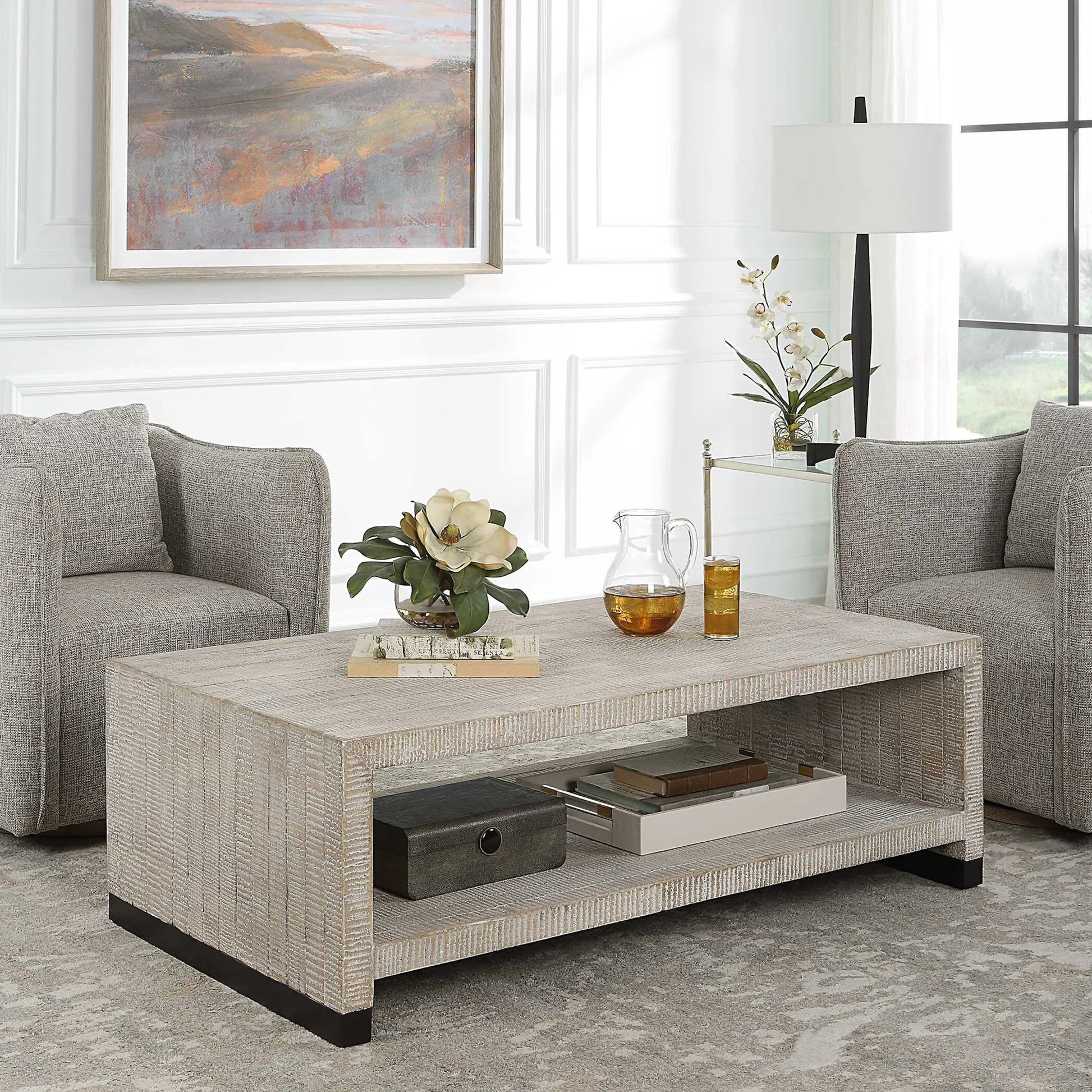 Bosk Coffee Table by Uttermost in whitewash natural. Made from pine, fir, mdf, steel in a modern style.