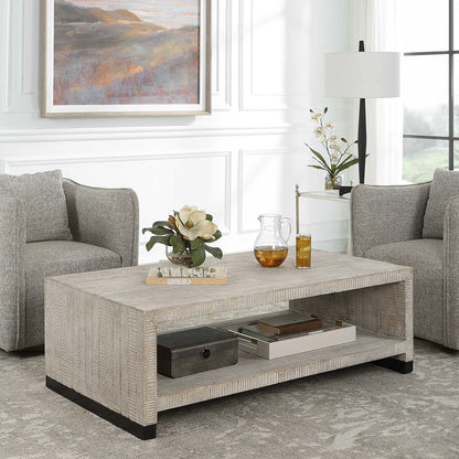 Bosk Coffee Table by Uttermost in whitewash natural. Made from pine, fir, mdf, steel in a modern style.