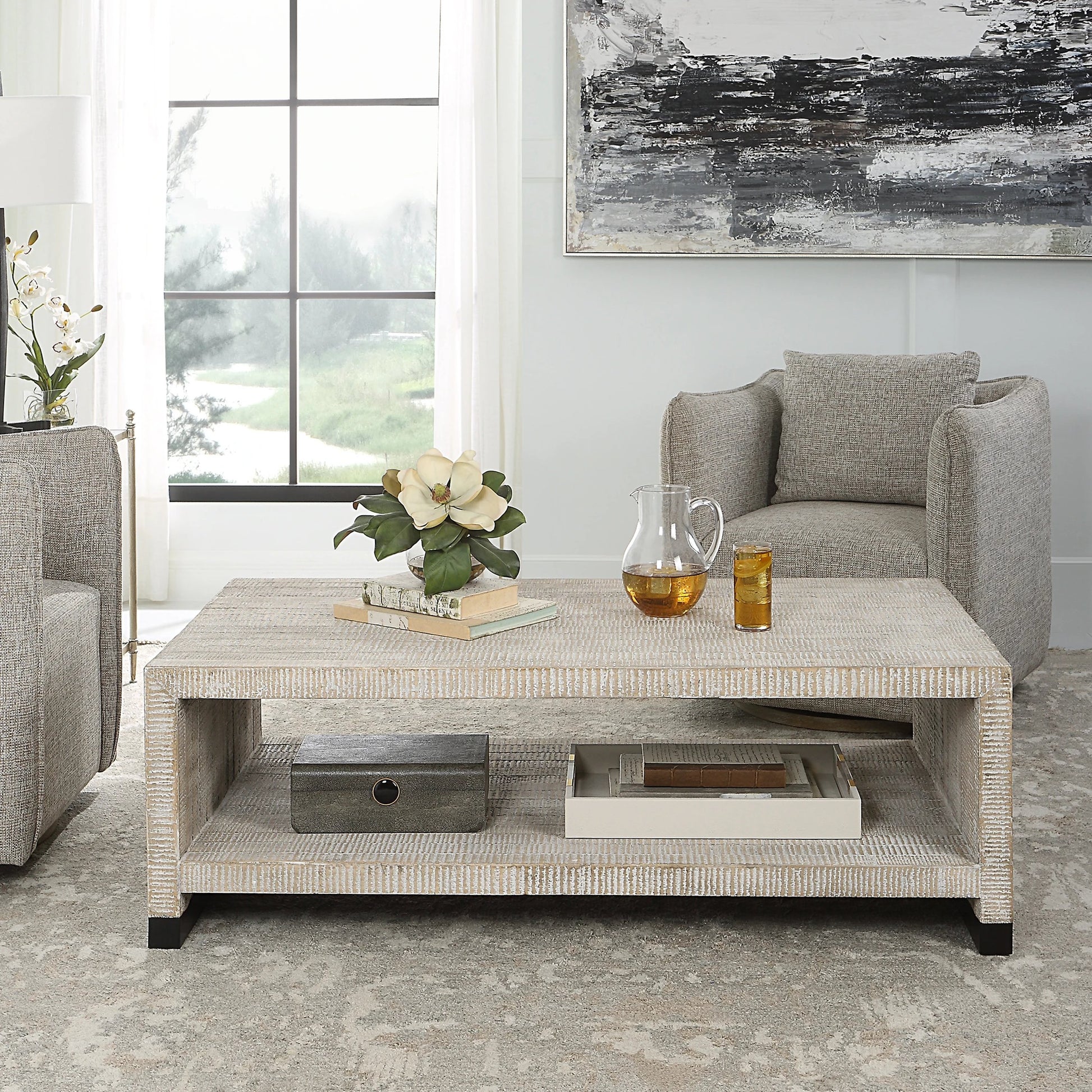 Bosk Coffee Table by Uttermost in whitewash natural. Made from pine, fir, mdf, steel in a modern style.