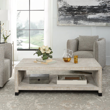 Bosk Coffee Table by Uttermost in whitewash natural. Made from pine, fir, mdf, steel in a modern style.