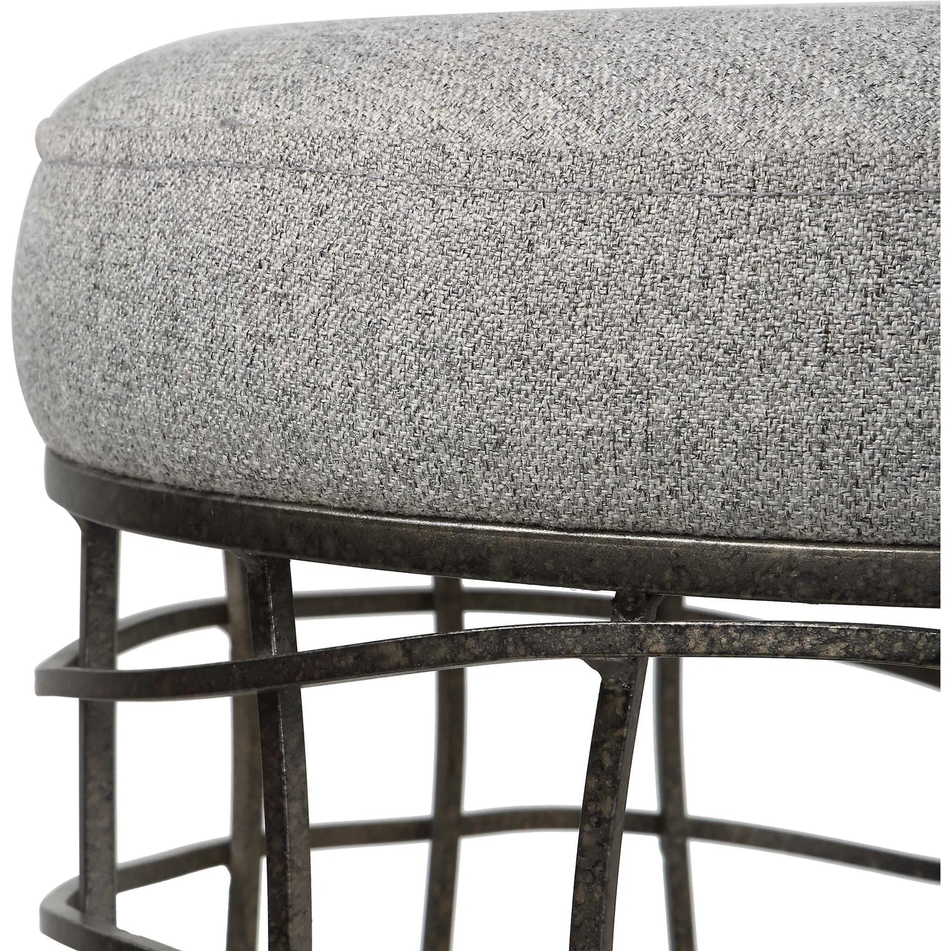 Carnival Accent Stool by Uttermost in gray and burnished silver. Made from iron, foam, fabric, mdf in a modern style.