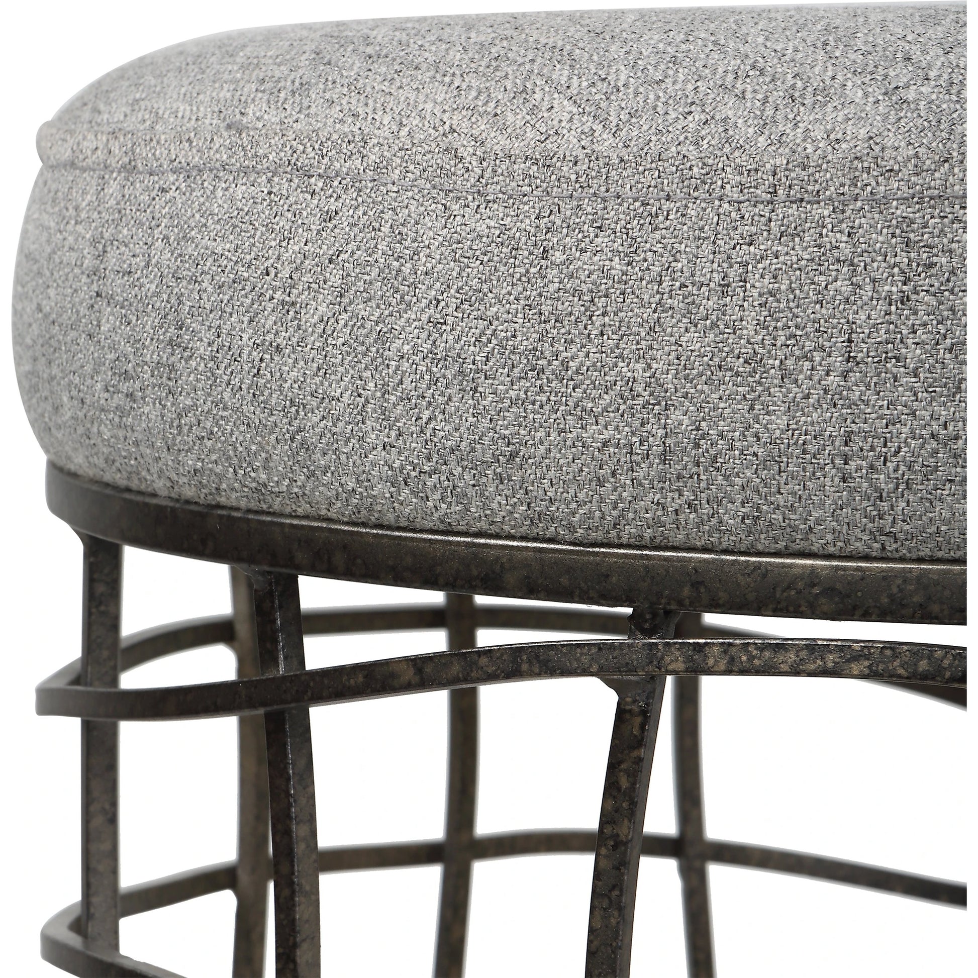 Carnival Accent Stool by Uttermost in gray and burnished silver. Made from iron, foam, fabric, mdf in a modern style.