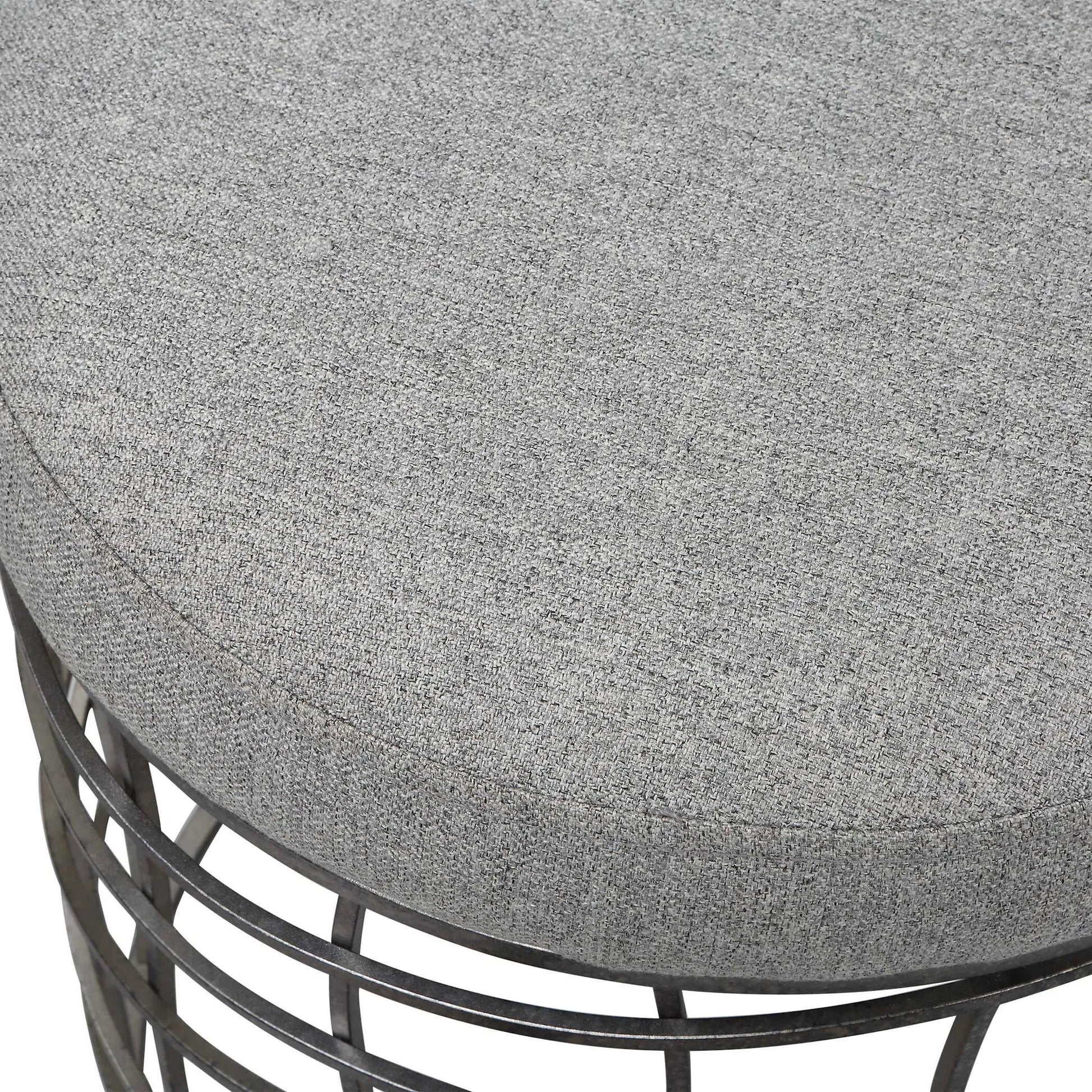 Carnival Accent Stool by Uttermost in gray and burnished silver. Made from iron, foam, fabric, mdf in a modern style.