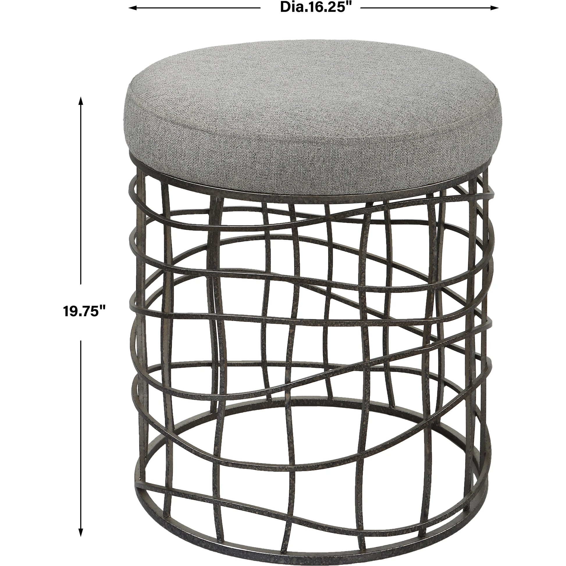 Carnival Accent Stool by Uttermost in gray and burnished silver. Made from iron, foam, fabric, mdf in a modern style.