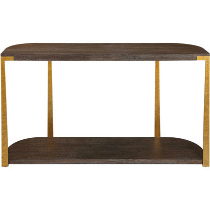 Palisade Console Table by Uttermost in coffee, antique gold. Made from mdf, oak veneer, metal in a modern style.