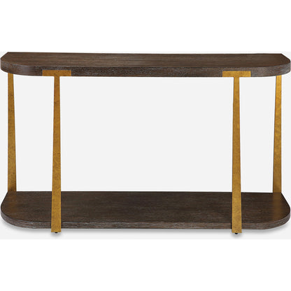 Palisade Console Table by Uttermost in coffee, antique gold. Made from mdf, oak veneer, metal in a modern style.