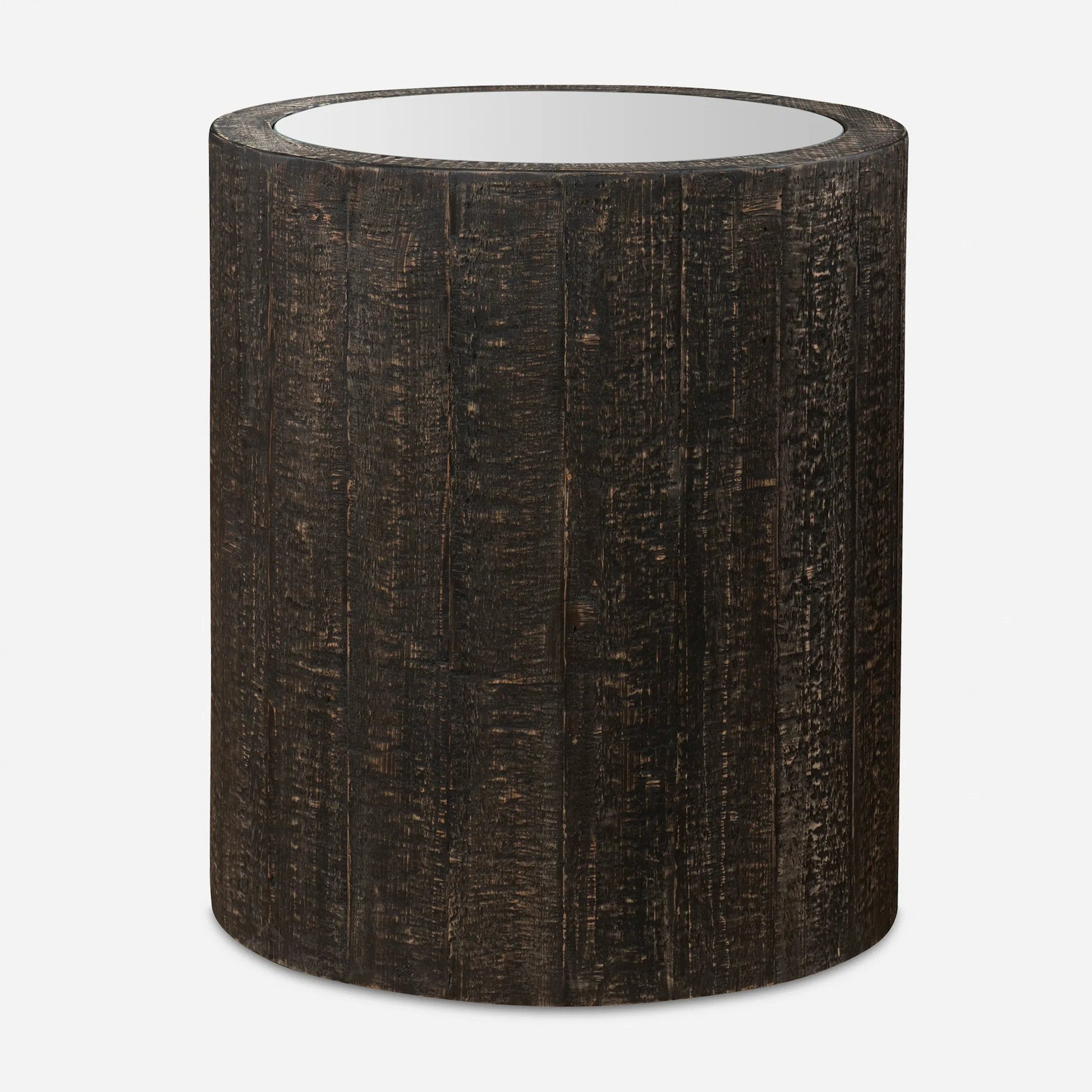 Sequoia Drum Table by Uttermost in dark walnut. Made from fir wood, plywood, mirror in a cottage & farmhouse style.