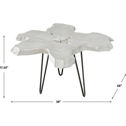 Trillium Coffee Table by Uttermost in bleached. Made from teak root with metal in a modern style.