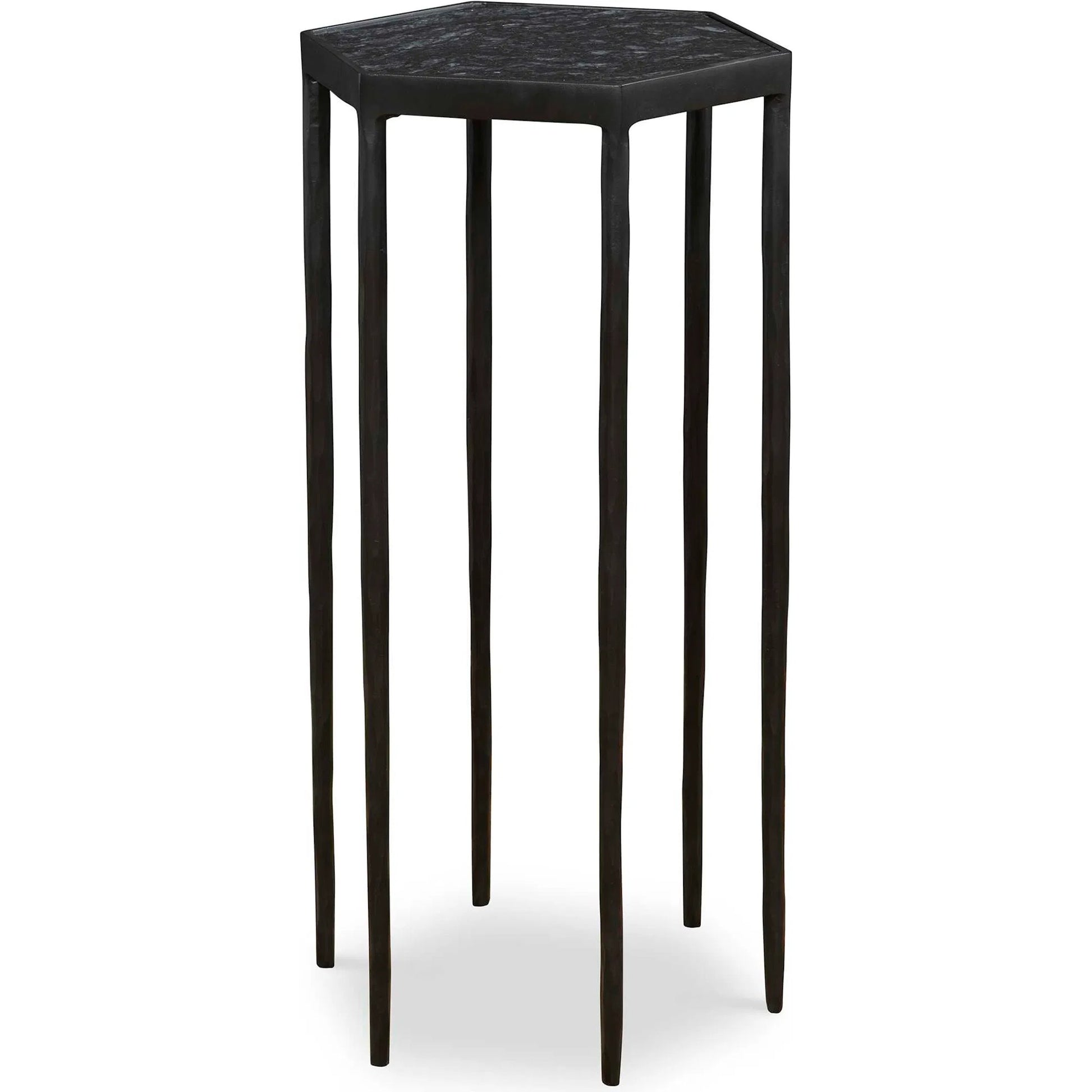 Aviary Hexagonal Accent Table by Uttermost in satin black, honed black marble. Made from marble, iron in a modern style.