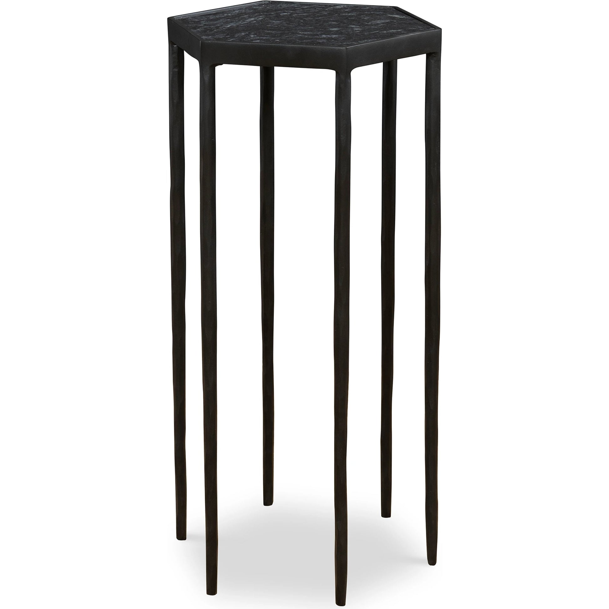 Aviary Hexagonal Accent Table by Uttermost in satin black, honed black marble. Made from marble, iron in a modern style.
