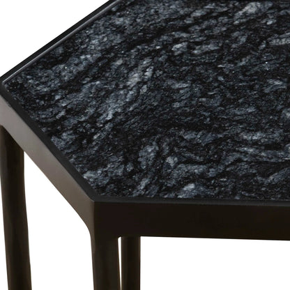 Aviary Hexagonal Accent Table by Uttermost in satin black, honed black marble. Made from marble, iron in a modern style.