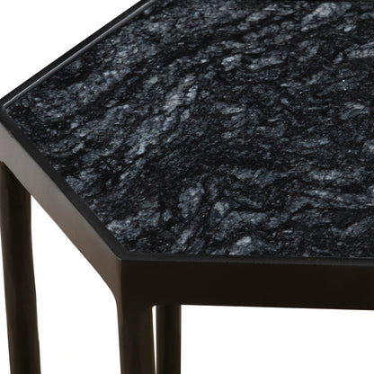 Aviary Hexagonal Accent Table by Uttermost in satin black, honed black marble. Made from marble, iron in a modern style.