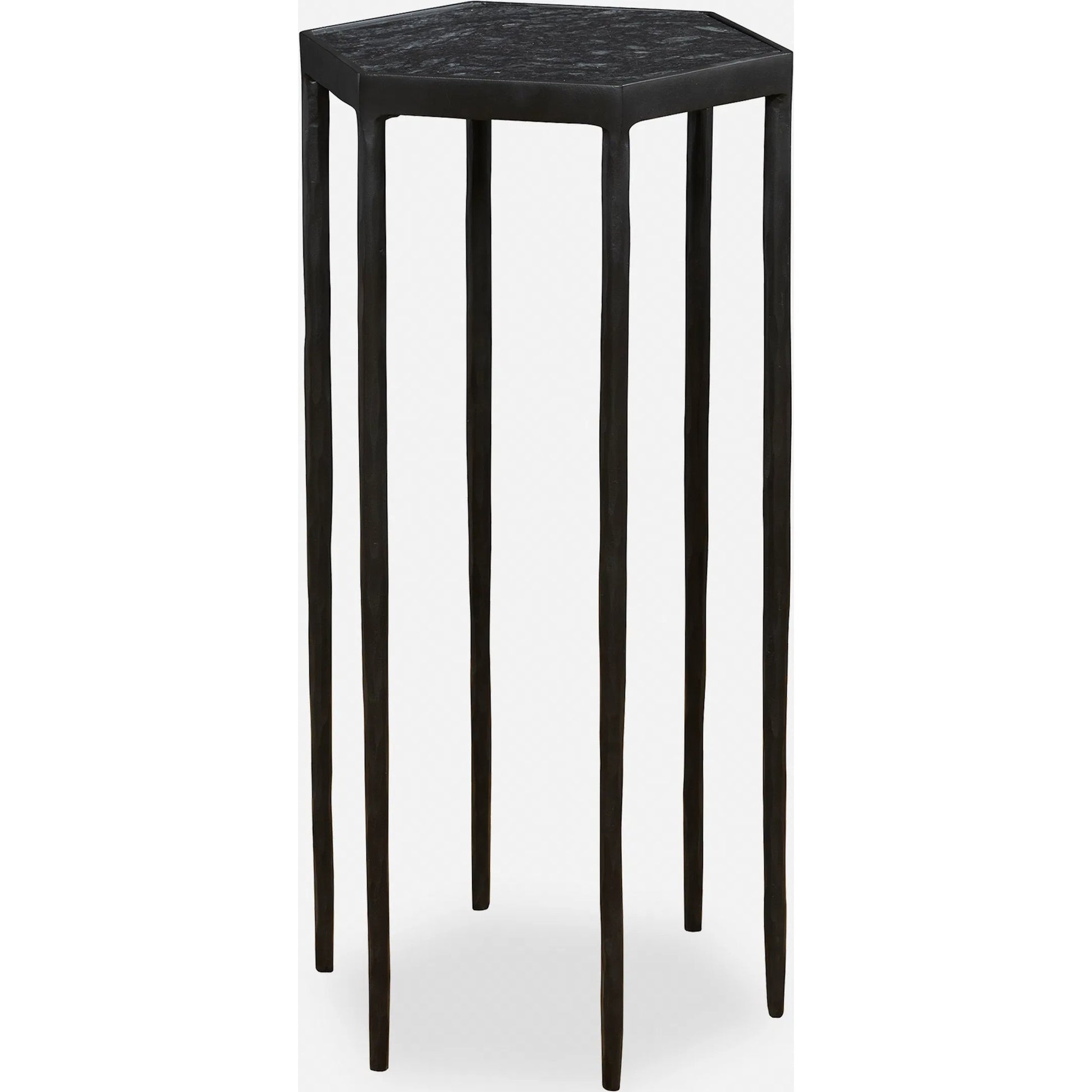 Aviary Hexagonal Accent Table by Uttermost in satin black, honed black marble. Made from marble, iron in a modern style.