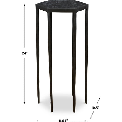 Aviary Hexagonal Accent Table by Uttermost in satin black, honed black marble. Made from marble, iron in a modern style.