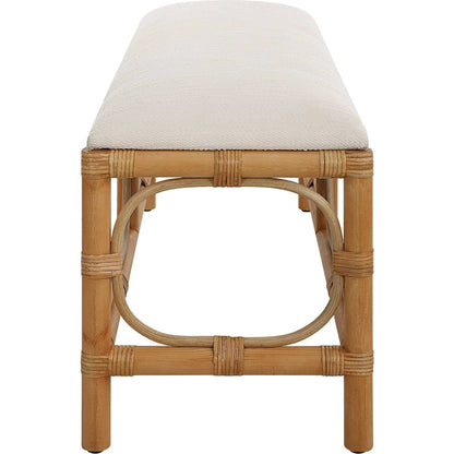 Laguna Bench by Uttermost in white. Made from mdf, pine, rattan, polyester, foam in a coastal style.
