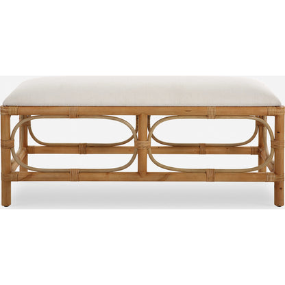 Laguna Bench by Uttermost in white. Made from mdf, pine, rattan, polyester, foam in a coastal style.