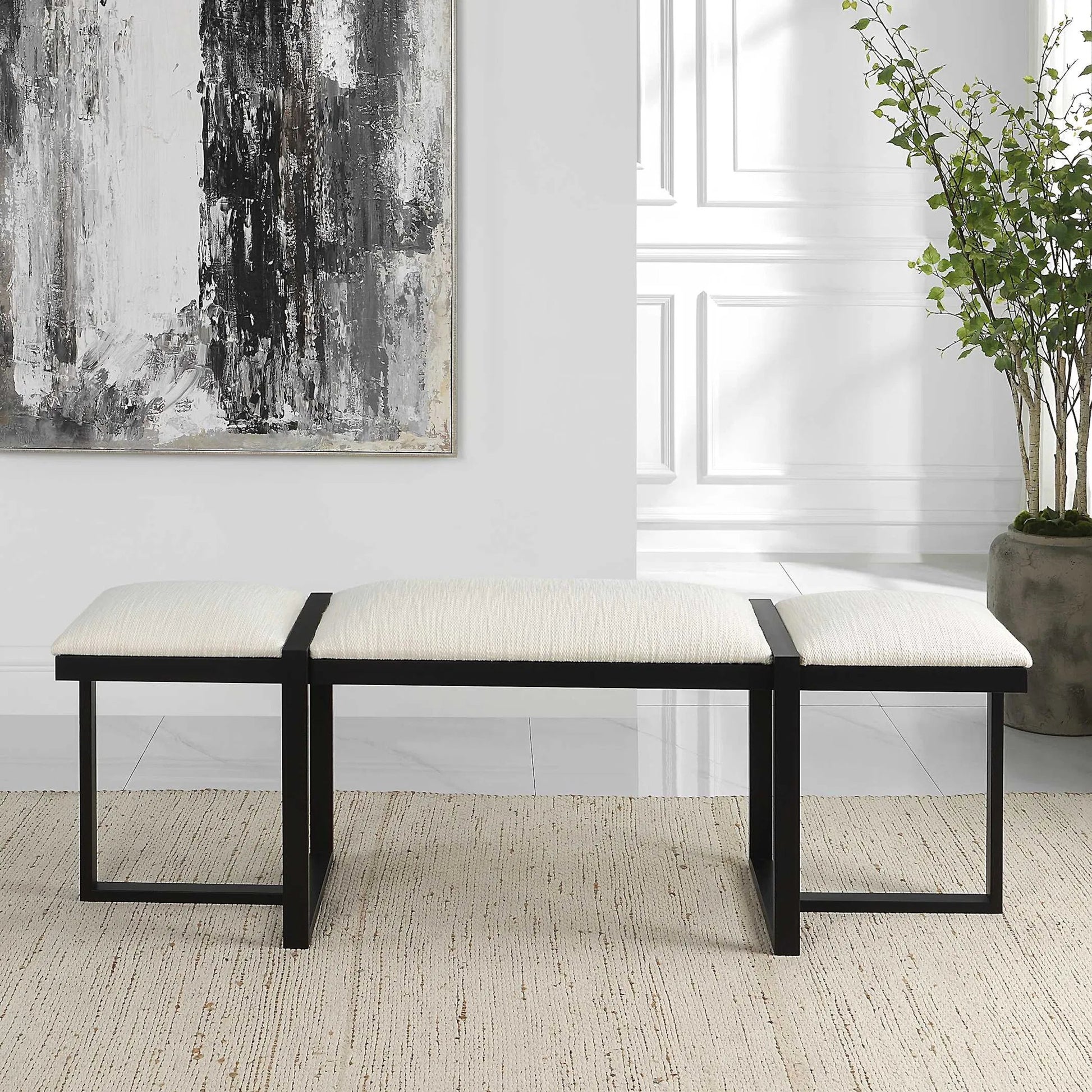 Triple Cloud Bench by Uttermost in white and black. Made from iron, mdf, polyester, foam in a modern style.