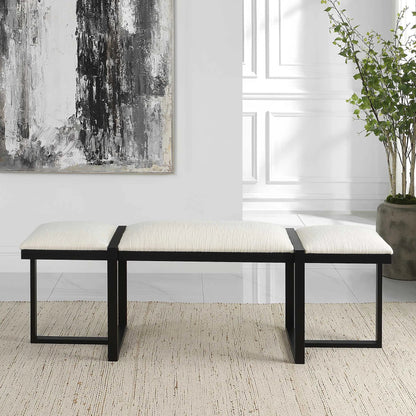 Triple Cloud Bench by Uttermost in white and black. Made from iron, mdf, polyester, foam in a modern style.