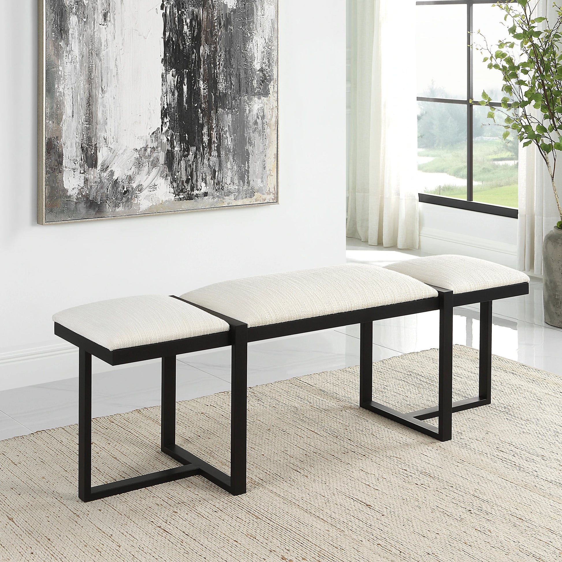 Triple Cloud Bench by Uttermost in white and black. Made from iron, mdf, polyester, foam in a modern style.