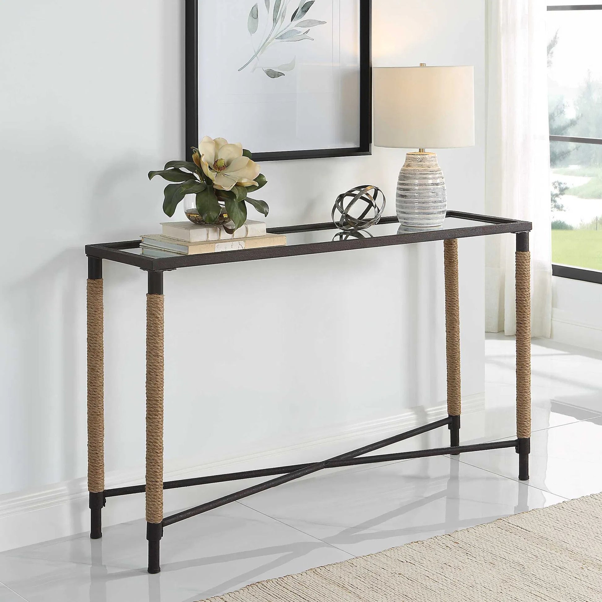 Braddock Console Table by Uttermost in natural, iron. Made from iron, mdf, mirror, rope in a modern style.