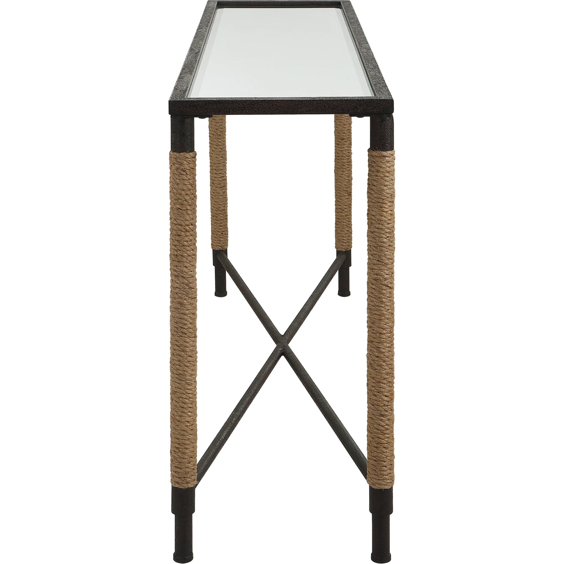Braddock Console Table by Uttermost in natural, iron. Made from iron, mdf, mirror, rope in a modern style.