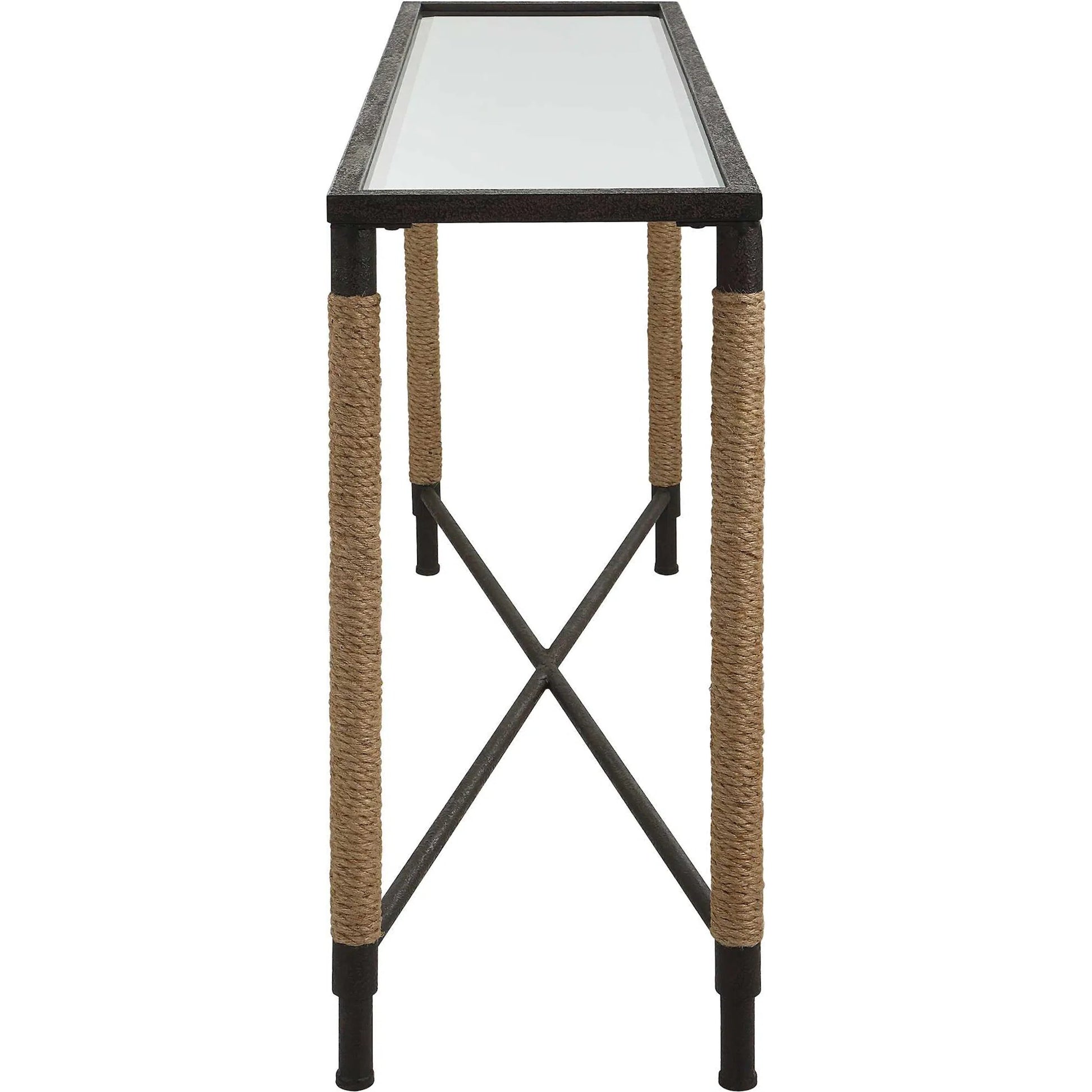 Braddock Console Table by Uttermost in natural, iron. Made from iron, mdf, mirror, rope in a modern style.