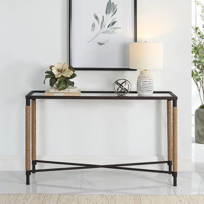 Braddock Console Table by Uttermost in natural, iron. Made from iron, mdf, mirror, rope in a modern style.