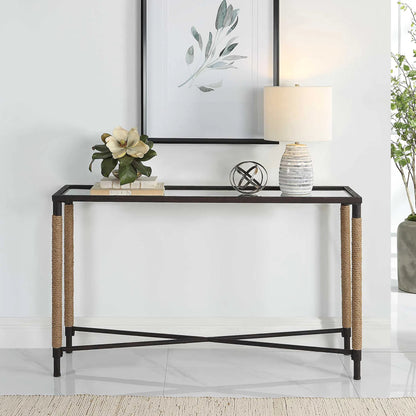 Braddock Console Table by Uttermost in natural, iron. Made from iron, mdf, mirror, rope in a modern style.