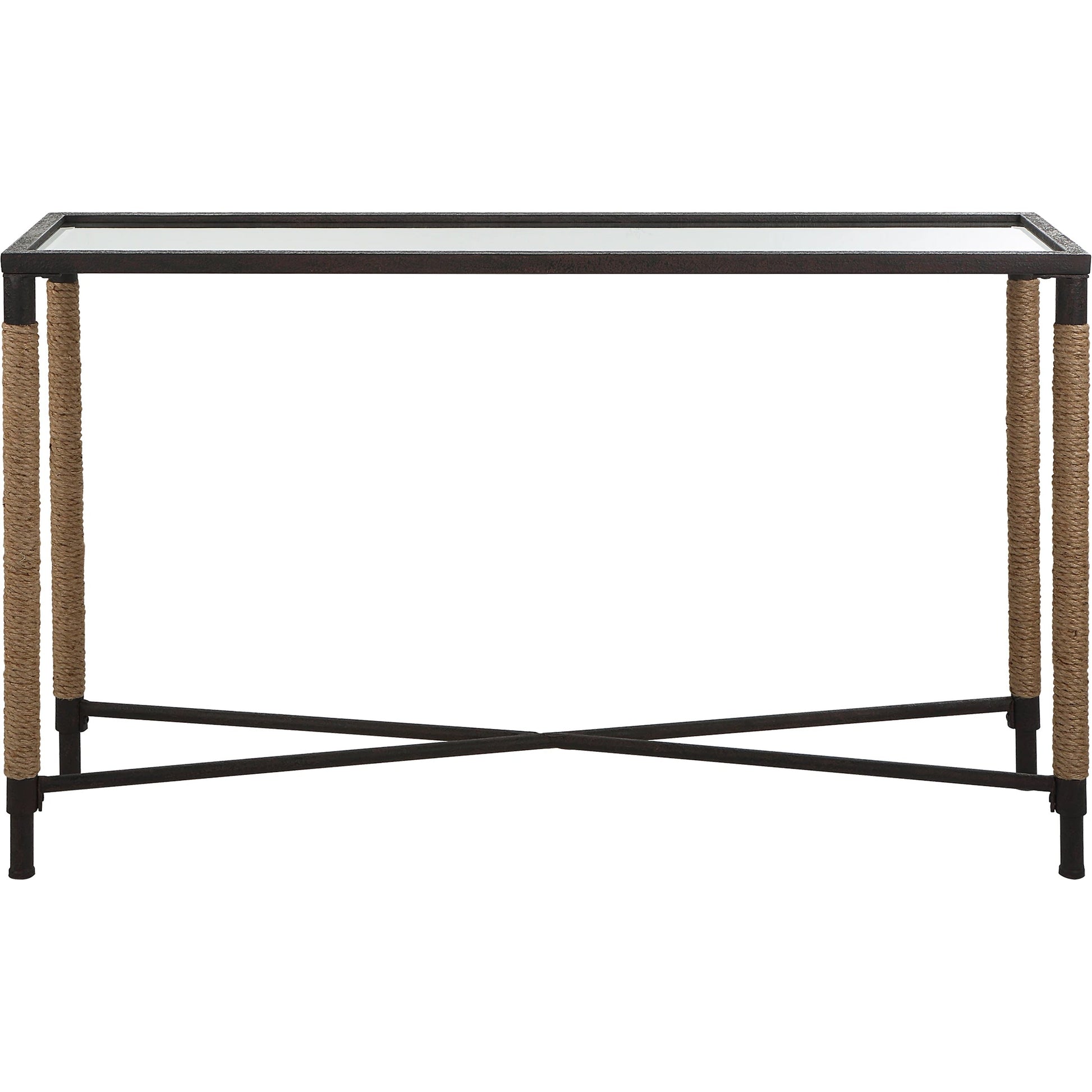 Braddock Console Table by Uttermost in natural, iron. Made from iron, mdf, mirror, rope in a modern style.