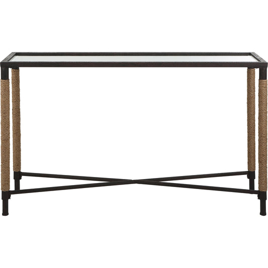 Braddock Console Table by Uttermost in natural, iron. Made from iron, mdf, mirror, rope in a modern style.