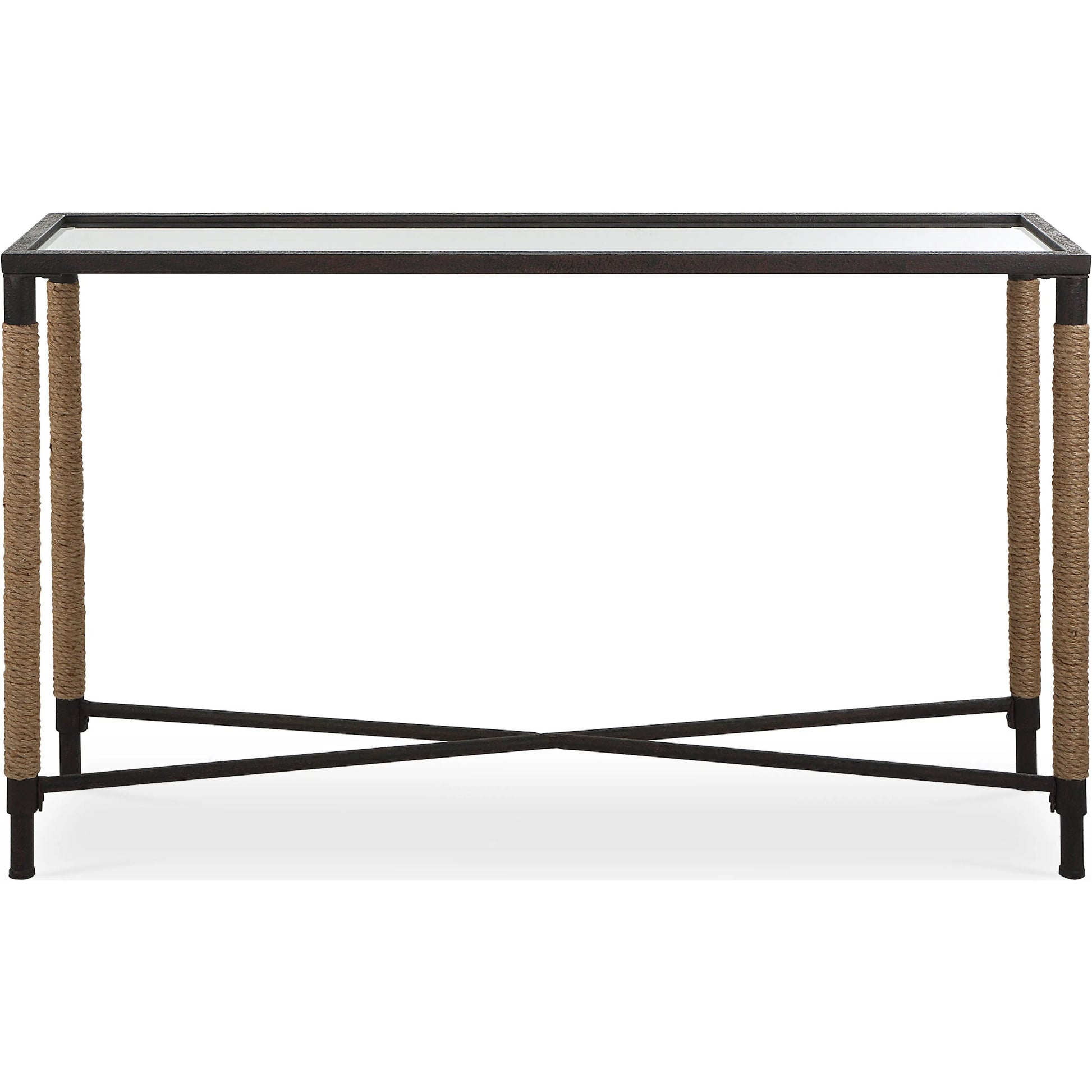 Braddock Console Table by Uttermost in natural, iron. Made from iron, mdf, mirror, rope in a modern style.
