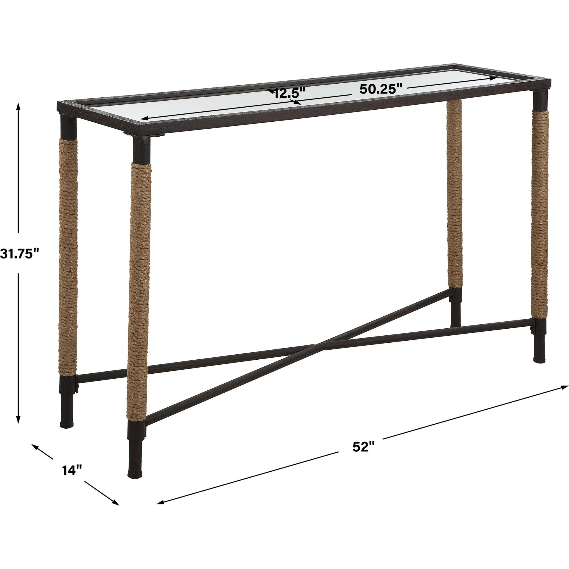Braddock Console Table by Uttermost in natural, iron. Made from iron, mdf, mirror, rope in a modern style.