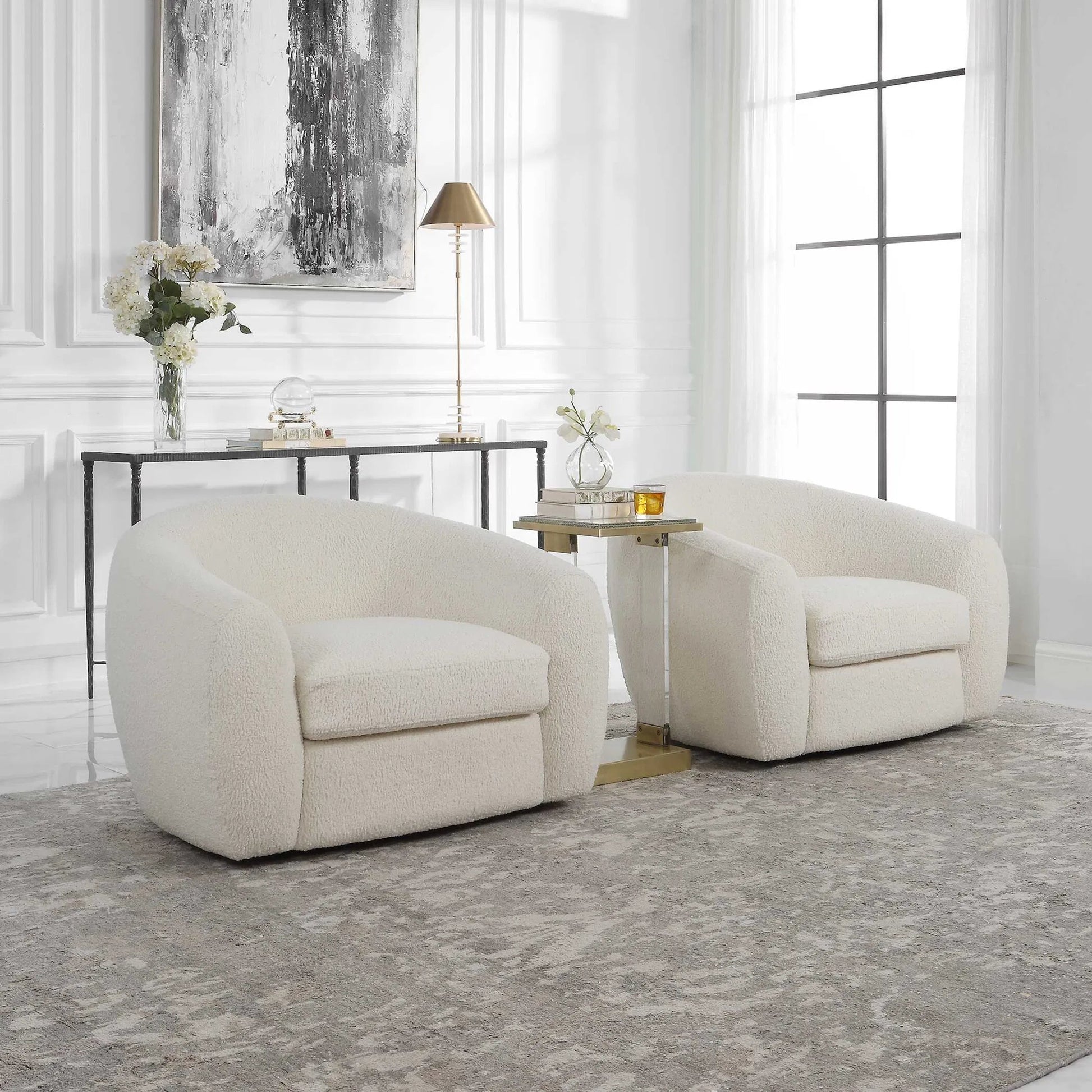 Capra Swivel Chair by Uttermost in multi. Made from fabric, foam, plywood, stainless steel in a modern style.