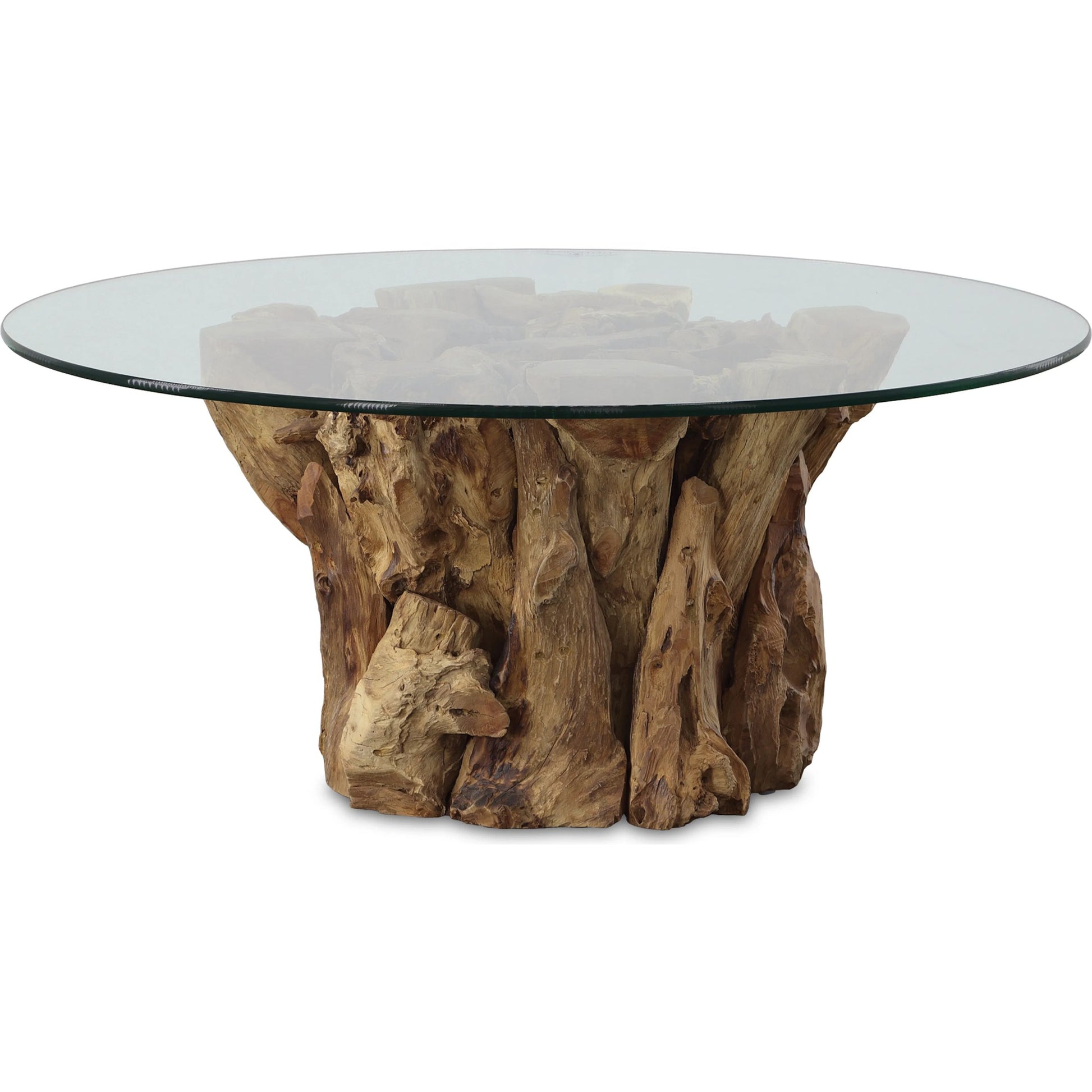 Driftwood Coffee Table by Uttermost. Made from teak root, glass in a rustic style.