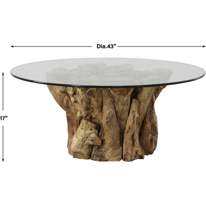 Driftwood Coffee Table by Uttermost. Made from teak root, glass in a rustic style.