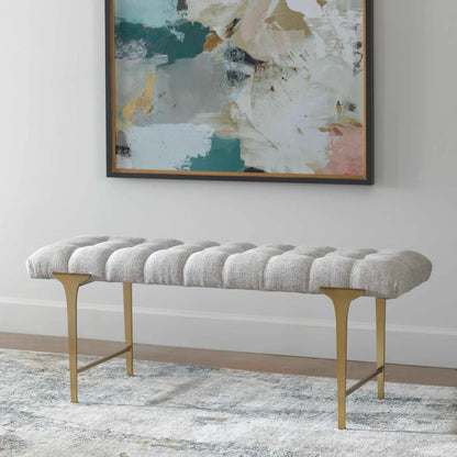 Imperial Bench by Uttermost in light gray and satin champagne. Made from iron, mdf, polyester, foam in a modern style.