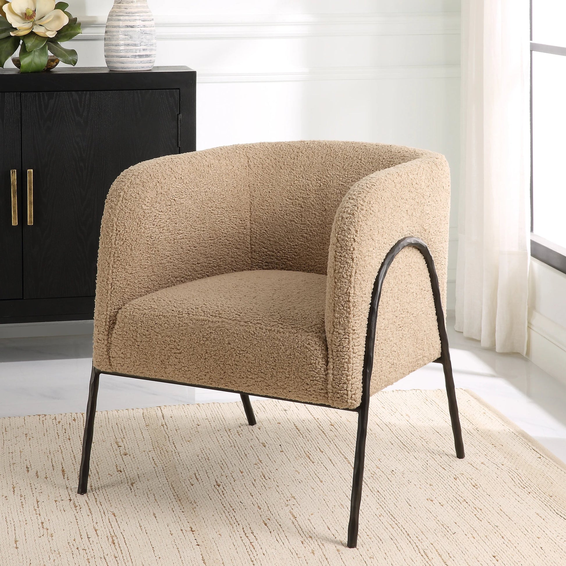 Jacobsen Shearling Accent Chair by Uttermost. Made from fabric, foam, plywood, iron in a modern style.
