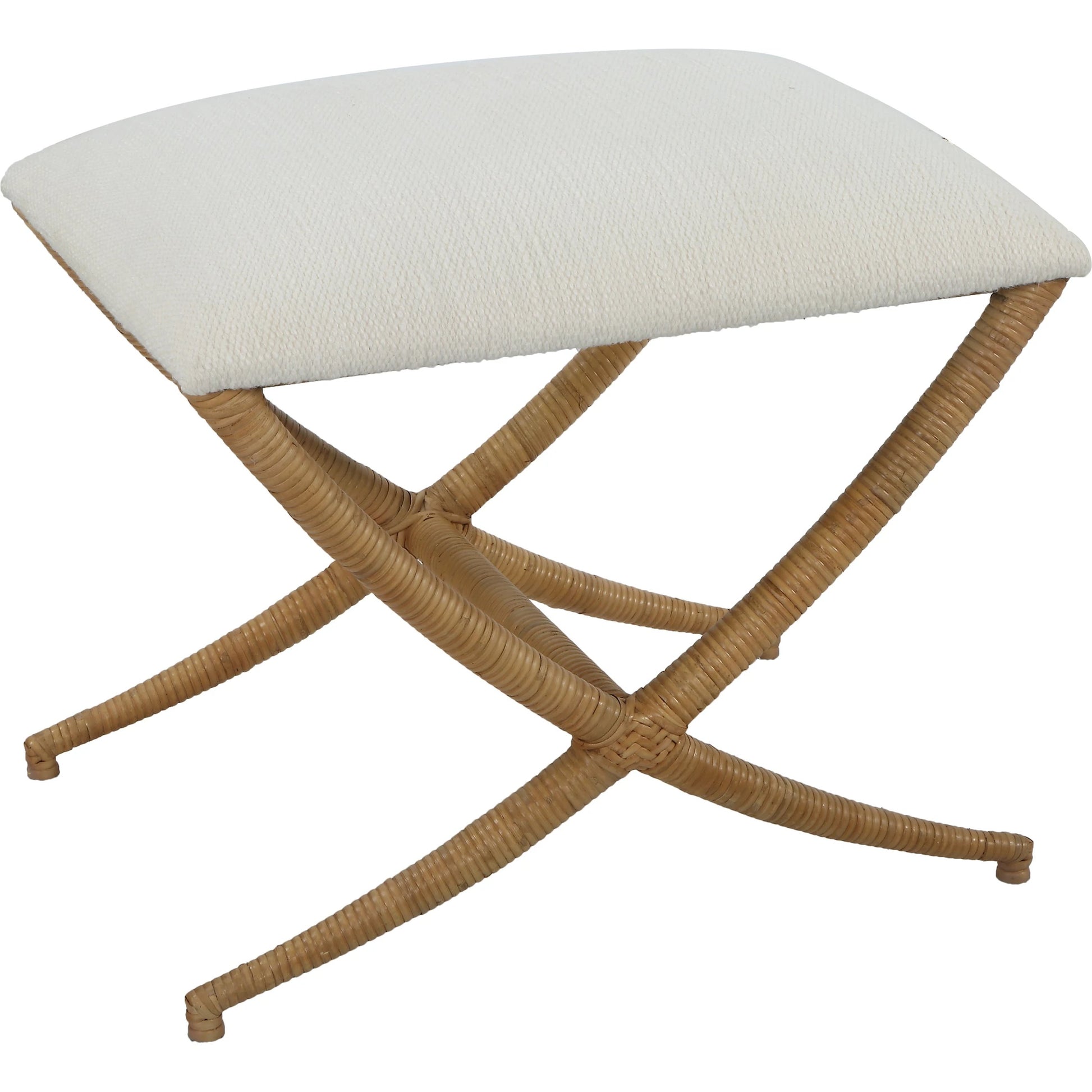 Expedition Bench by Uttermost in white. Made from iron, rattan, mdf, foam, fabric in a coastal style.
