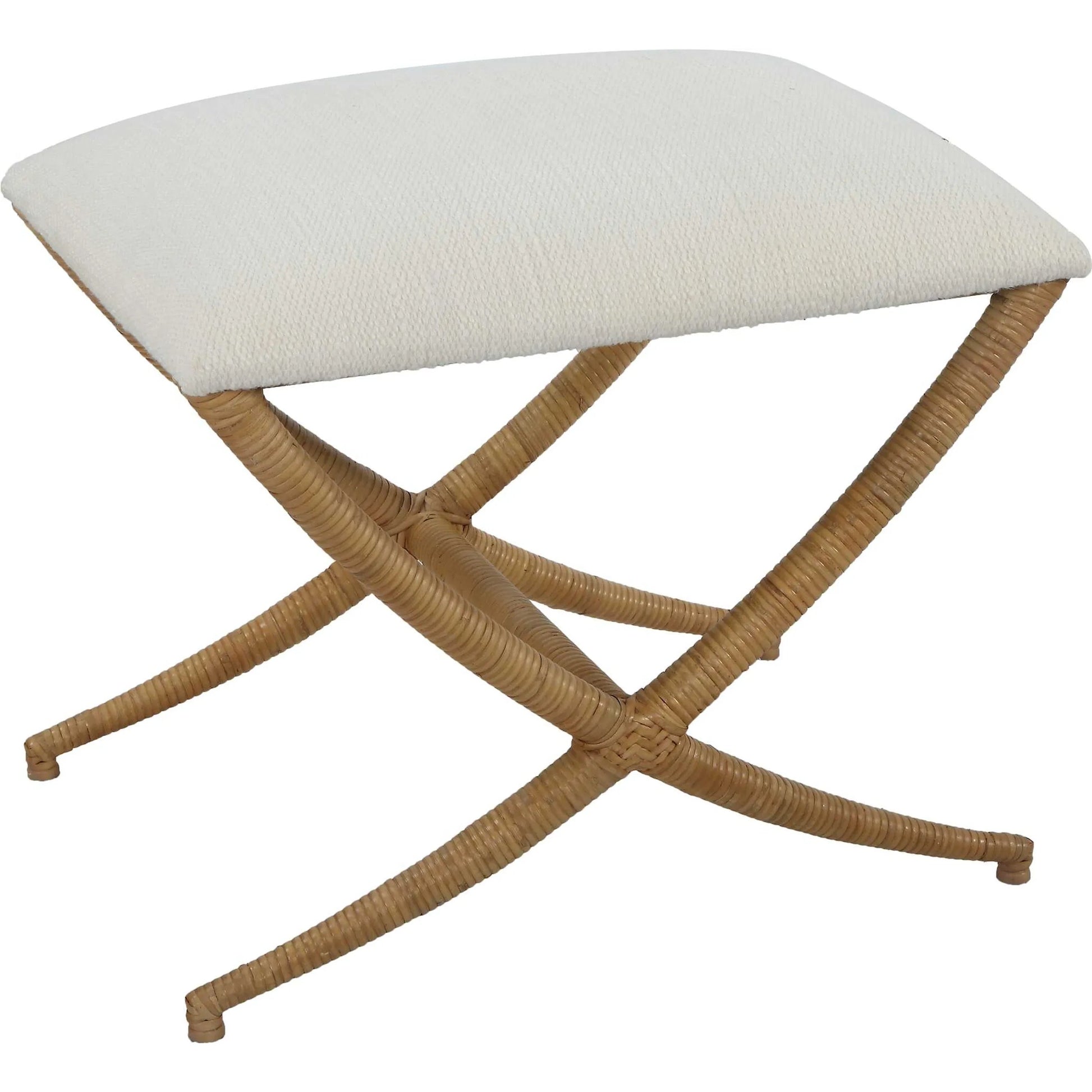 Expedition Bench by Uttermost in white. Made from iron, rattan, mdf, foam, fabric in a coastal style.
