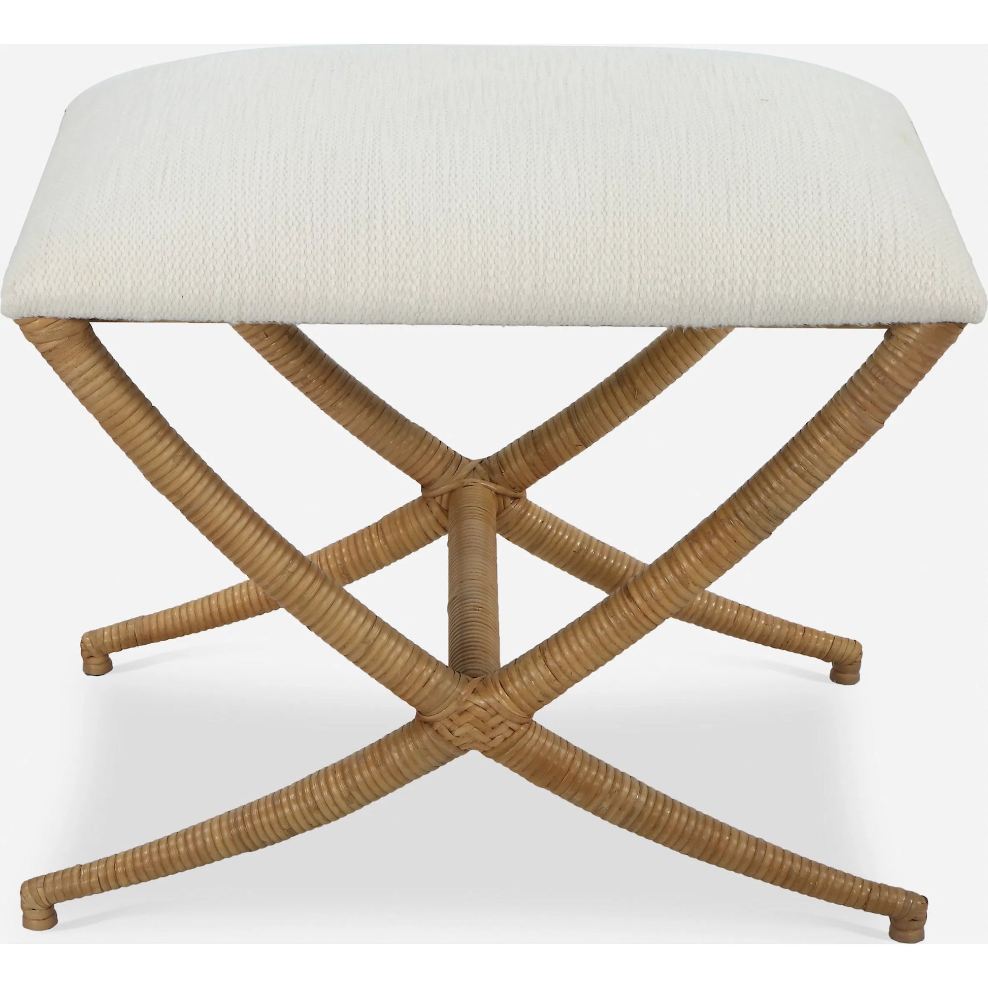 Expedition Bench by Uttermost in white. Made from iron, rattan, mdf, foam, fabric in a coastal style.