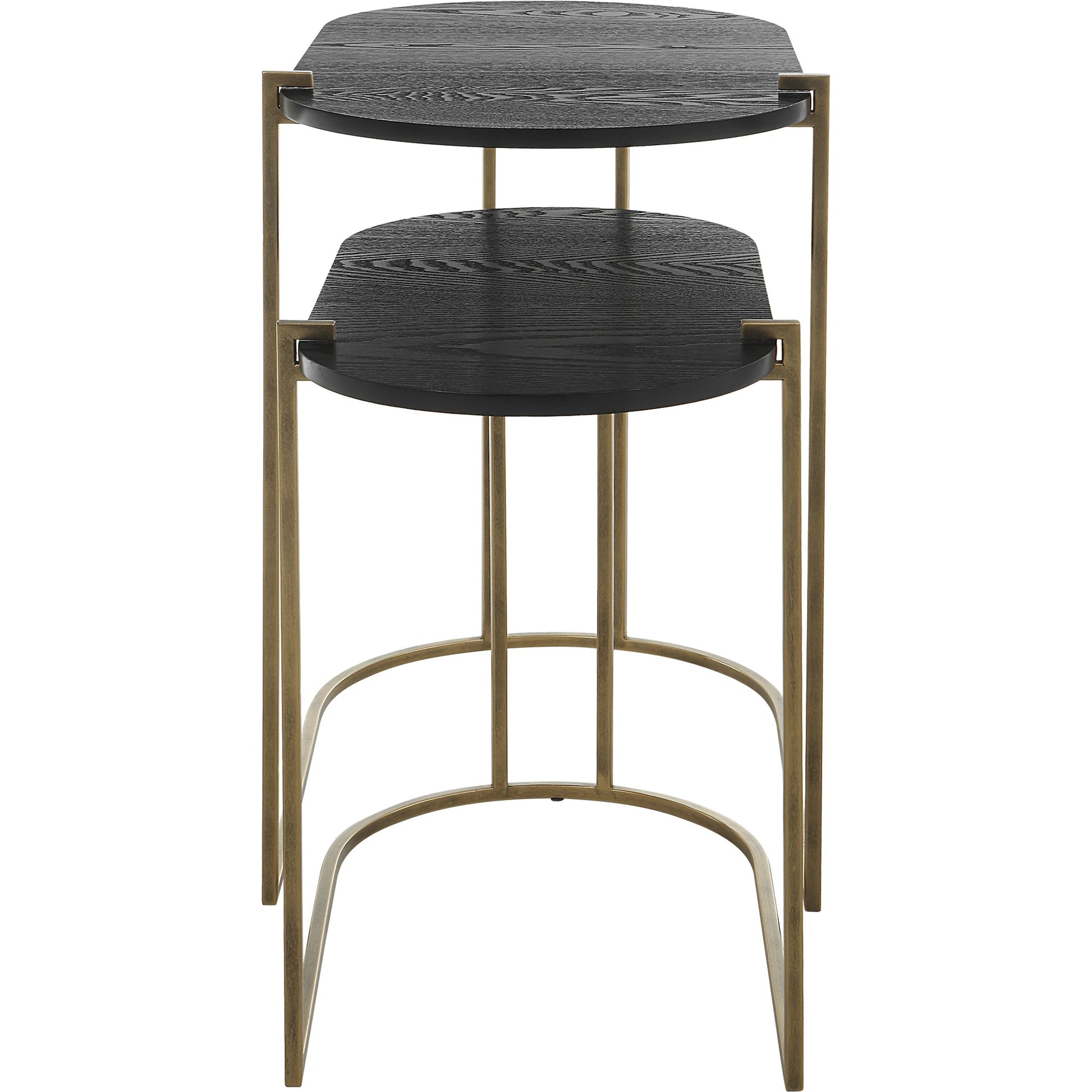 Aztec Nesting Tables by Uttermost in antique brass, ebony. Made from iron, mdf, ash in a modern style.