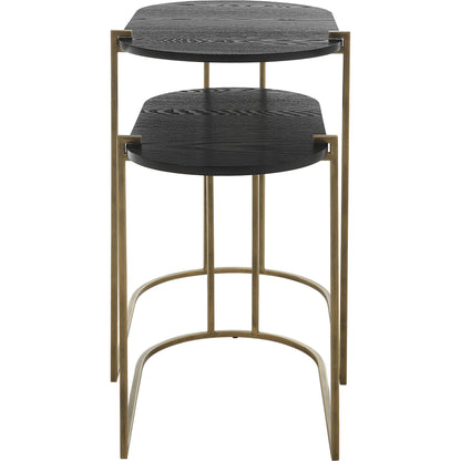 Aztec Nesting Tables by Uttermost in antique brass, ebony. Made from iron, mdf, ash in a modern style.